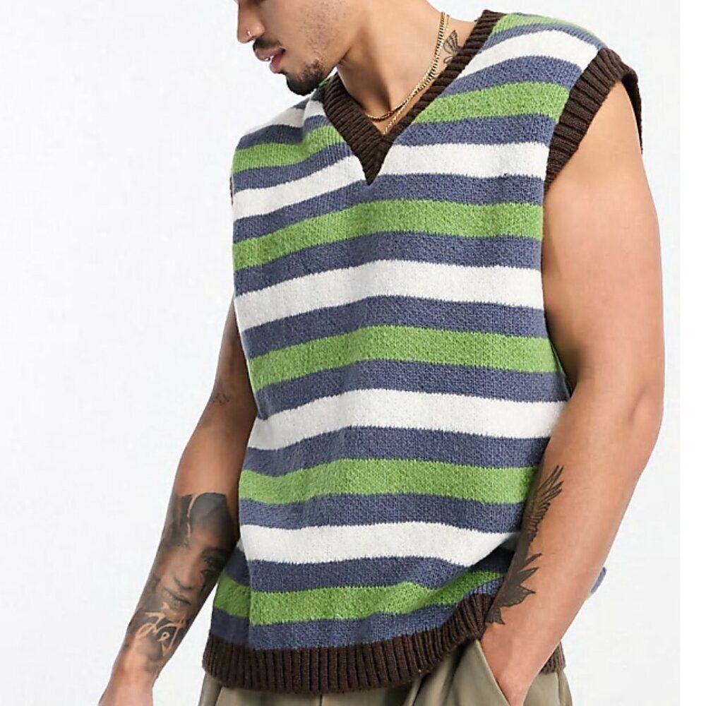 ASOS Green Blue Striped Knit Grandpa Core V-Neck Sweater Vest Men's Size XL